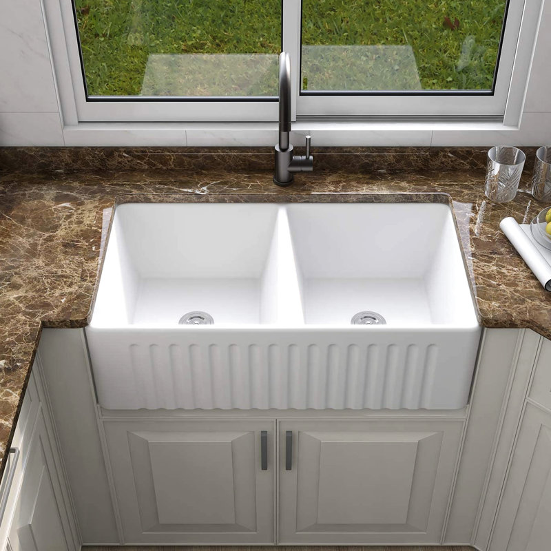 Évier avant à tablier en céramique blanche - Double cuve, encastré, 33 po x 18 po x 10 po, 93 lb, façade de cuisine, bol durable