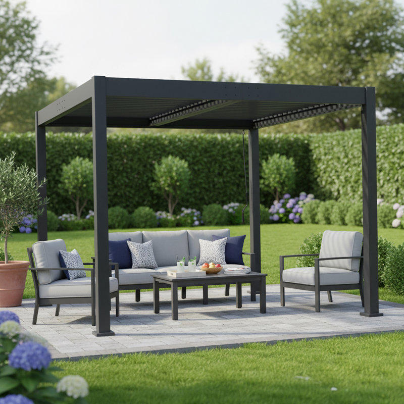 Pergola extérieure en aluminium noir avec toit à lames orientables