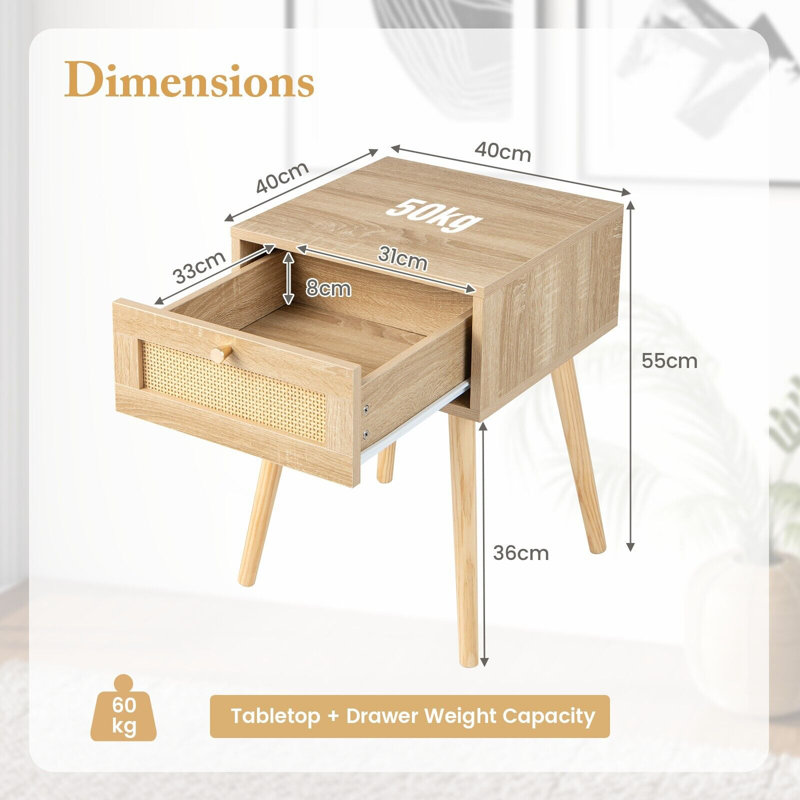 40cm W Solid + Manufactured Wood Bedside Table