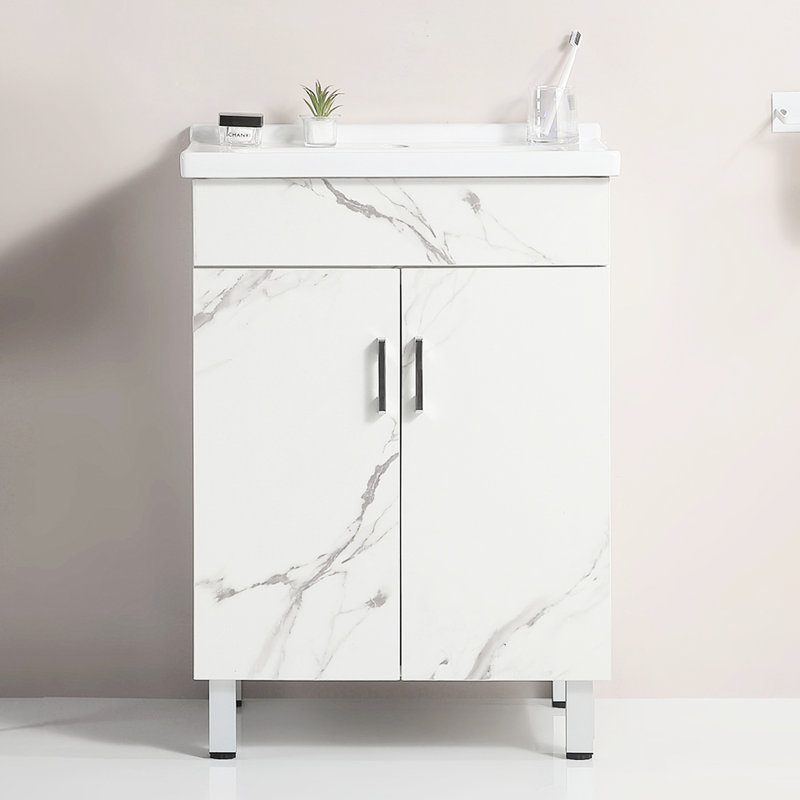 Meuble-lavabo blanc, compact et parfait pour les petites salles de bain ou les salles d'eau, matériau en bois massif, deux portes pleine extension, lavabo en céramique avec trous pré-percés, meuble-lavabo à finition brillante sans lavabo,