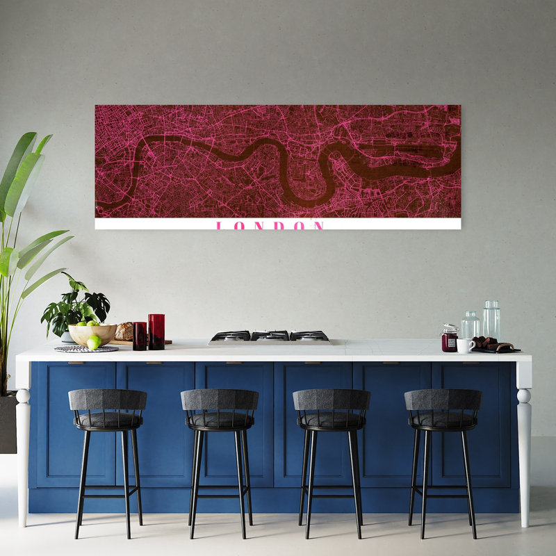 Magenta London City Map 1 Piece Wrapped Canvas Panoramic Wall Art, 152.4 cm H x 50.8 cm W