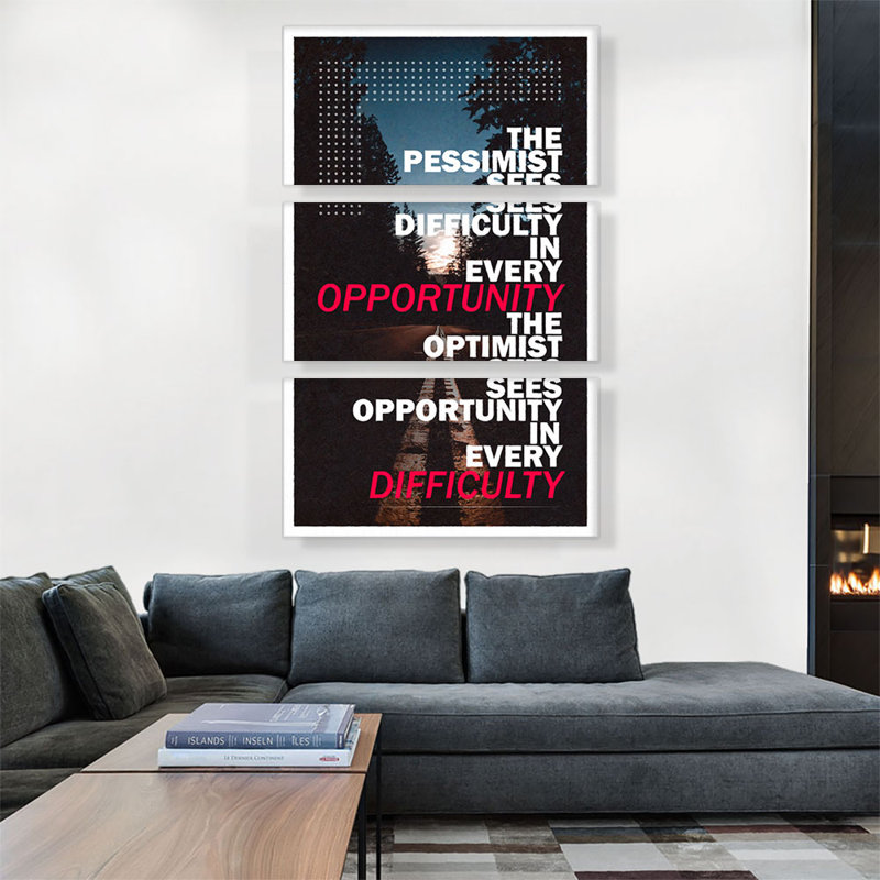«Pessimist Sees Difficulty Optimist Possity Motivational», ensemble de 3 reproductions d'art texturé sur toile tendue
