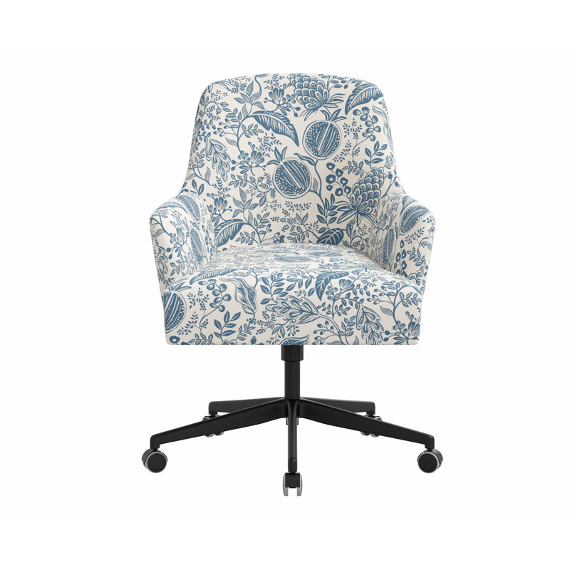 Chaise de bureau avec base Yvette, Lin bleu et grenade RPC, Matte Black