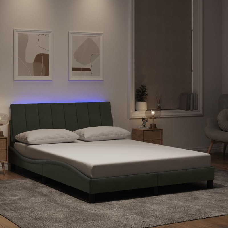 Cadre de lit avec DEL sans matelas Hanko gris clair 137 x 190 cm velours, Lit double, Gris clair