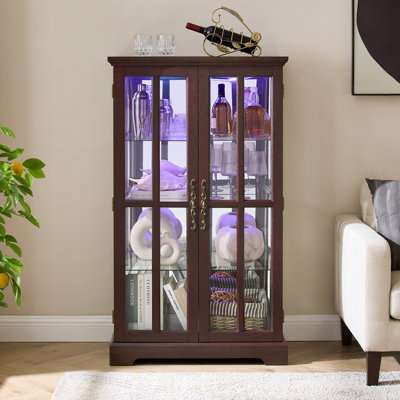 Armoire haute en verre à double porte en treillis, bande lumineuse RVB en couleur, 3 tablettes réglables, grande capacité pour la cuisine, le salon, le bureau et la chambre à coucher