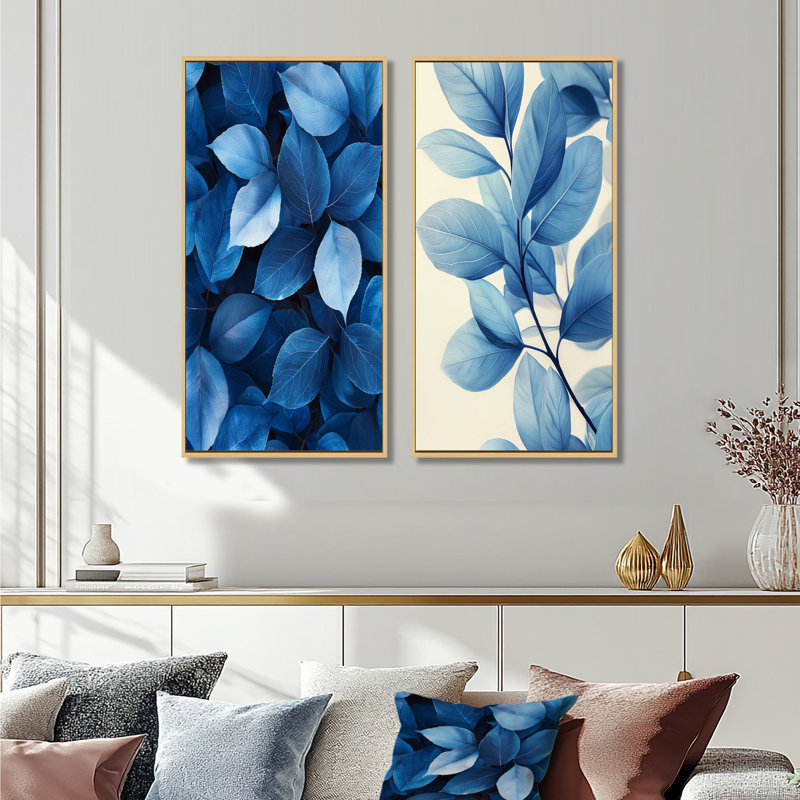 «Midnight Blue Leaves Tranquility III», art mural floral 2 panneaux, 28" H x 25" W, Impression encadrée flottante, Cream