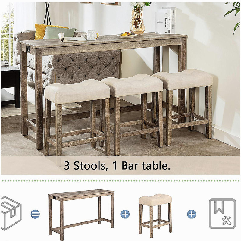 Ensemble de table de bar 4 pièces, table de bar et 3 tabourets rembourrés, Brun clair / Brun, Brun