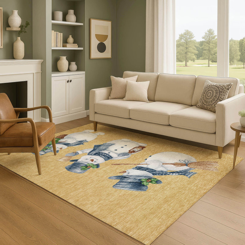 Premium Machine Washable Ingrassellino AMF1826 Happy Snowmen Holiday Rug, Rectangle 2'6" x 3'10"