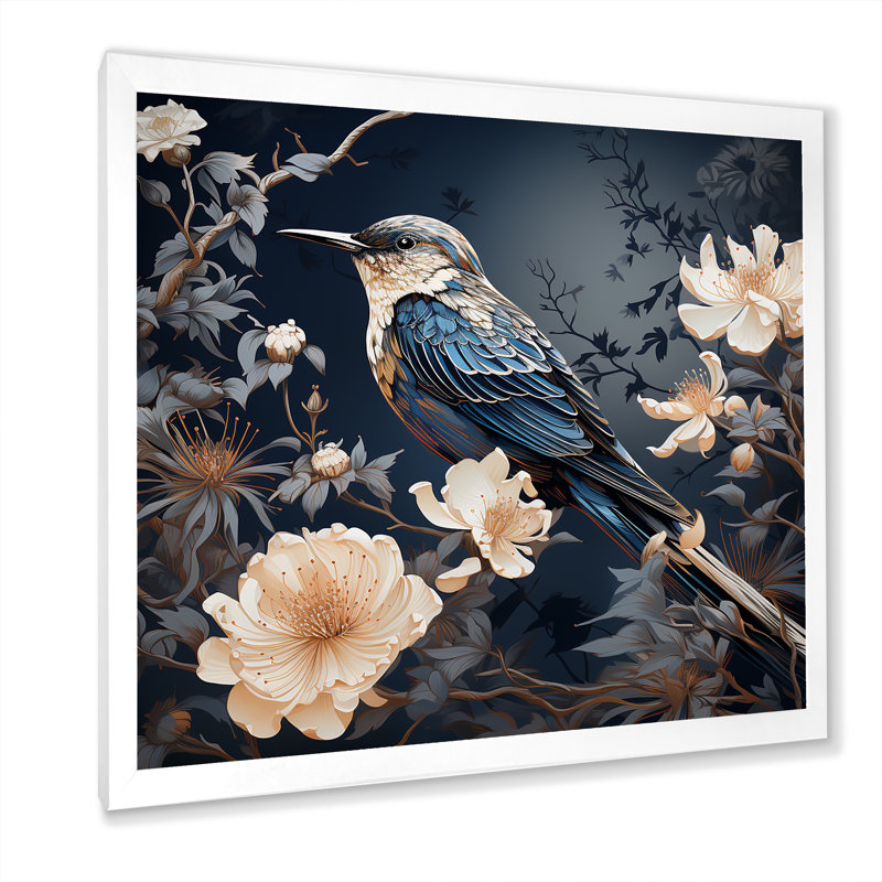 «Midnight Floral Bird Melody 3 - Colibri», art mural, H 16 po x l 16 po x P 1 po, Cadre simple blanc