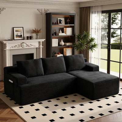 96" Compression Modern L-Shaped Modular Sectional Sofa With Chaise Lounge, Soft Corduroy Upholstery And Deep Seating Cloud Couch Design,Black