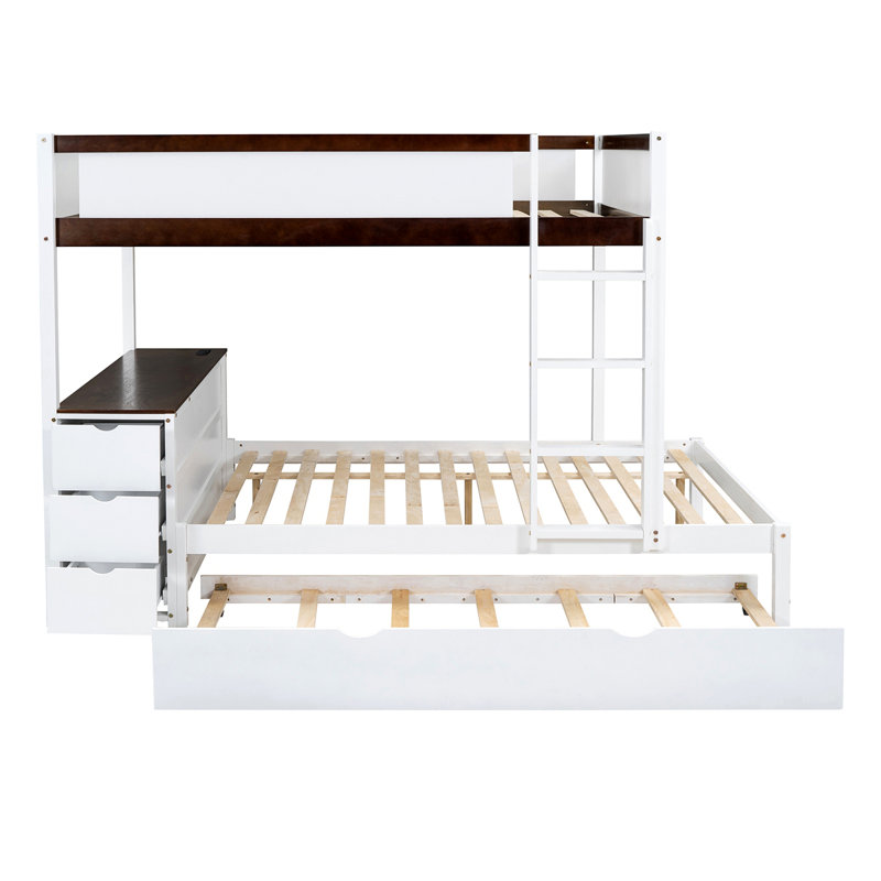 Lit superposé avec lit gigogne, rangement et bureau, Blanc/noyer, Double sur double