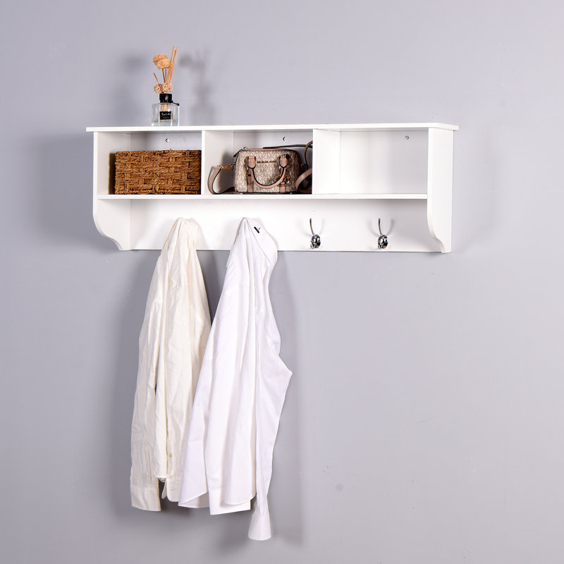Wall Mounted 4 Hooks Coat Rack With Stylish Wooden Storage For Living Room Shelf Entryway Decor, White
