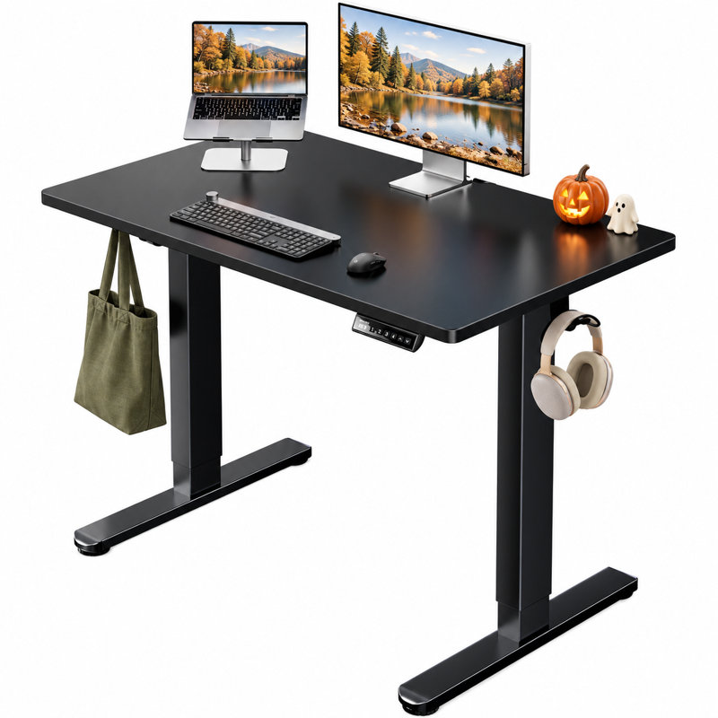 Bureau assis-debout électrique réglable en hauteur avec 4 positions mémorisables, système de gestion des câbles et crochets intégrés, idéal pour le télétravail et les études à domicile, noir.