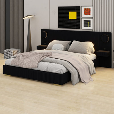 Platform bed with LED circle lights, USB charging ports, side storage drawers, modern minimalist style