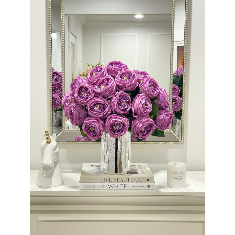 Large Purple English Rose Centerpiece In Tall Silver Vase - Luxury Decor