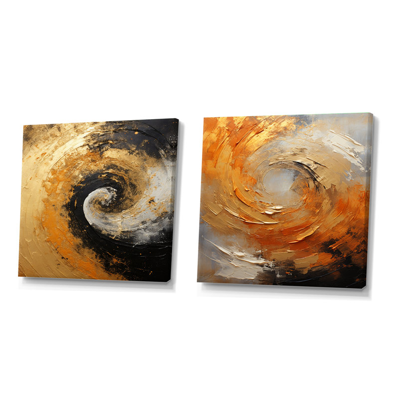 Mirage spirale doré doré noir - ensemble de 2 collages carrés abstraits en spirale, Toile tendue, H 36 po x l 73 po
