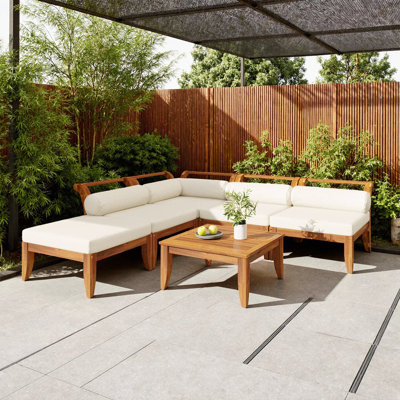 Ensemble de canapé modulaire en bois d'acacia 6 pièces - Ensemble de conversation en L, lit de jour convertible, repose-pieds et table à thé, 5 coussins et coussins - Mobilier de jardin extérieur pour terrasse, bord de piscine ou cour arrière