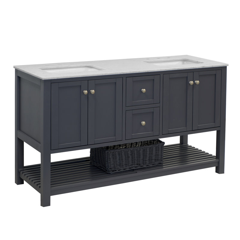 Binne 60'' Double Bathroom Vanity with Top, Marine Gray, Carrara Marble