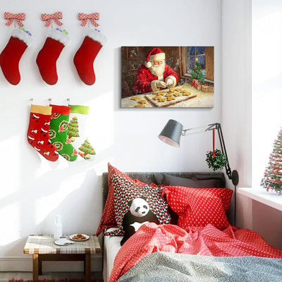 Christmas Wall Decor Santa Canvas Wall Art Home Decorations 18x12 Inches - Santa Pictures Santa Bakes Gingerbread Cookies Christmas Pine Tree Prints Winter Painting Xmas Artworks for Bedroom