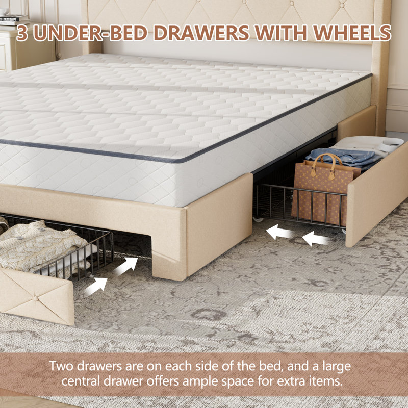 Ensemble de chambre à coucher 3 pièces, cadre de lit plateforme tapissier avec 2 tables de chevet, station de charge intégrée, tête de lit avec lumières à DEL, tiroirs roulants en treillis métallique, ensemble de meubles de chambre à coucher contemporains, aucun sommier nécessaire