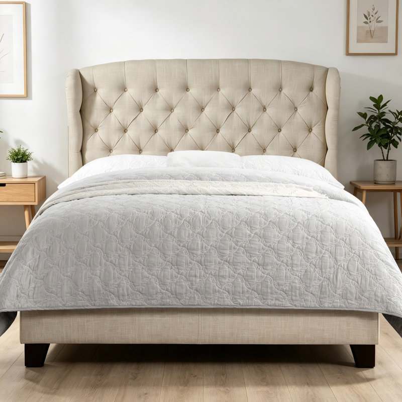 Lit tapissier en tissu avec tête de lit capitonnée, cadre de lit à hauteur réglable - Lit plateforme moderne pour chambre à coucher