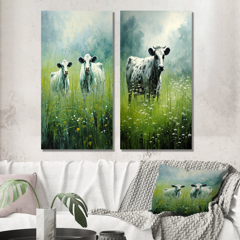 Vache dans les pâturages verdoyants - Ensemble de 2 décorations murales de vache, H 28 po x l 25 po, Toile tendue