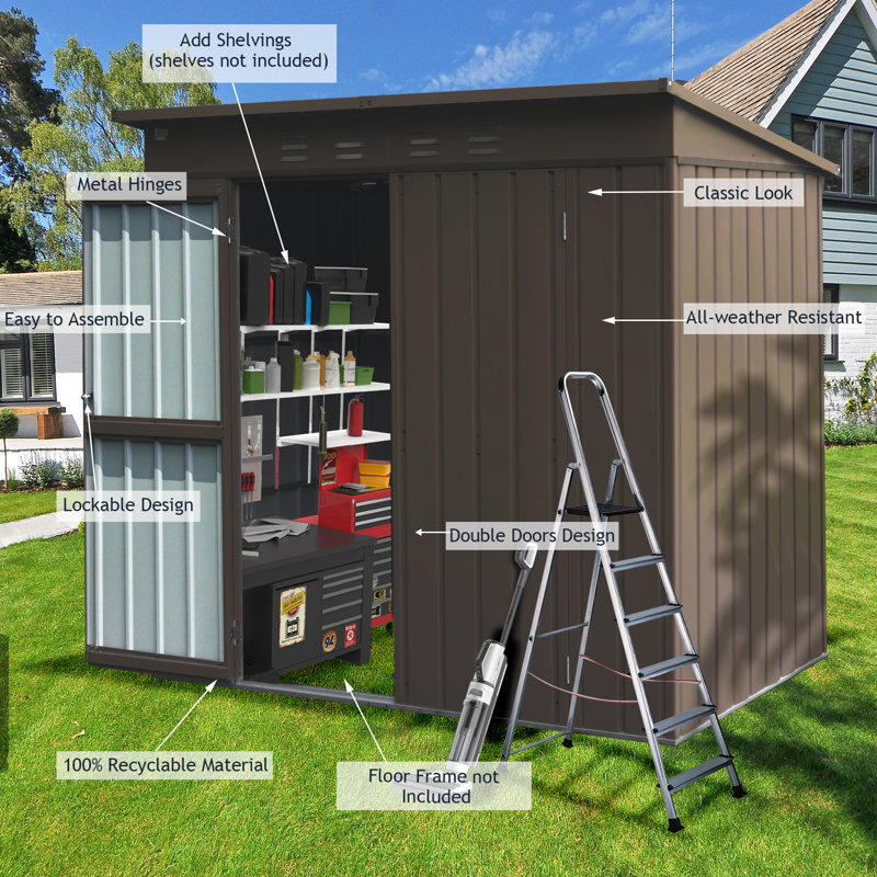 6.26 ft. W x 4.51 ft. D Metal Portable Storage Shed, Dark Brown