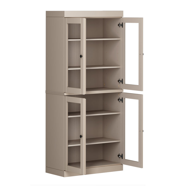 Garde-manger 32 po Kaniesha en bois massif avec portes en verre transparent et tablettes réglables, Beige