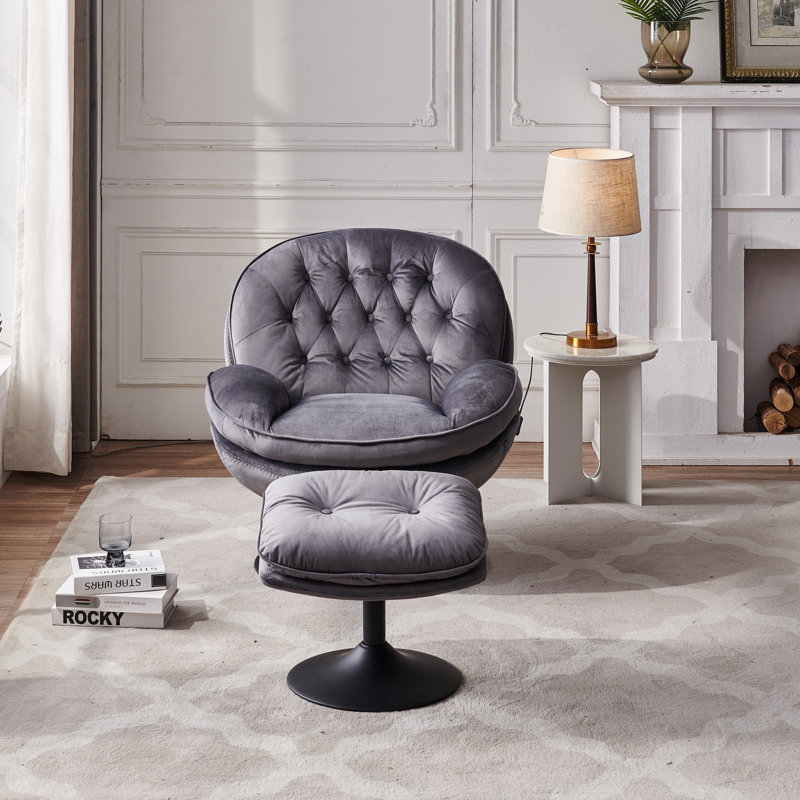Zenon Velvet Swivel Accent Chair with Ottoman, Mint Green Velvet