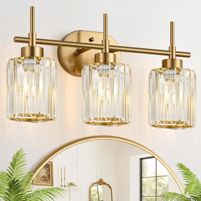 3-Light Brushed Gold Bathroom Light Fixtures with Clear Shades