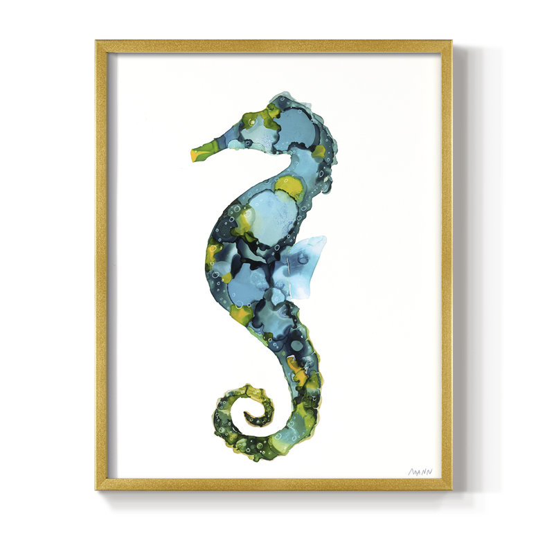 Seahorse Framed Print - Solid Wood, 11" H x 9" W, Gold