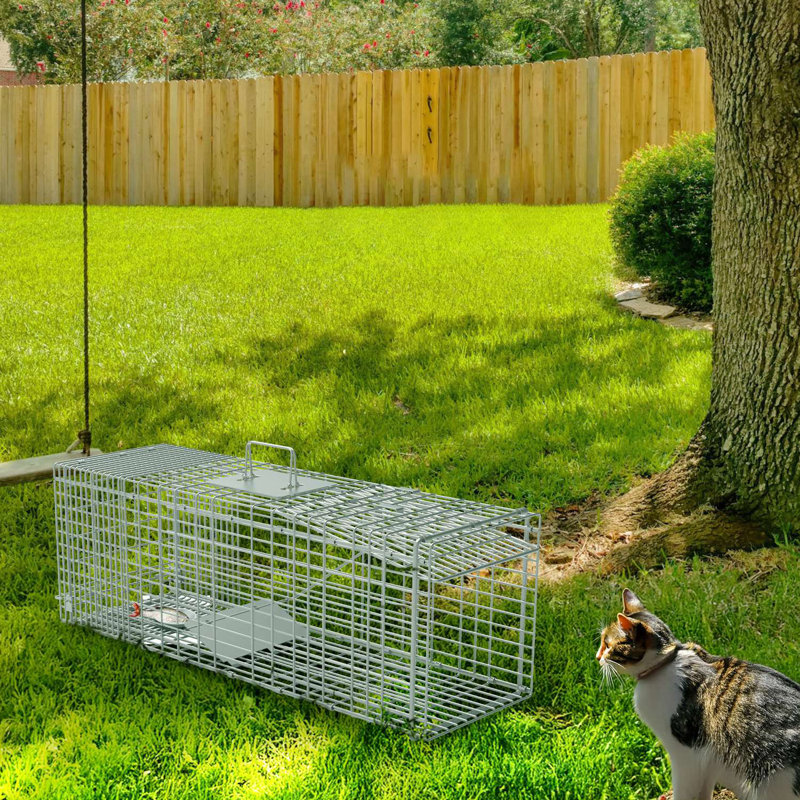 Cage à animaux escamotable 35,43 x 11,02 x 12,60 po avec porte de sortie arrière, plateau d'appât et gants