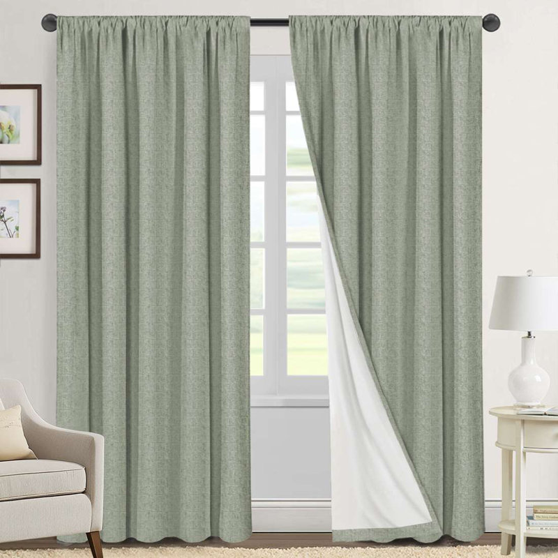 Linen Look 100% Blackout Curtains for Bedroom Full Light Blocking Rod Pocket 42 Inches Wide Linen Textured Thick Window Curtain Drapes with Backing