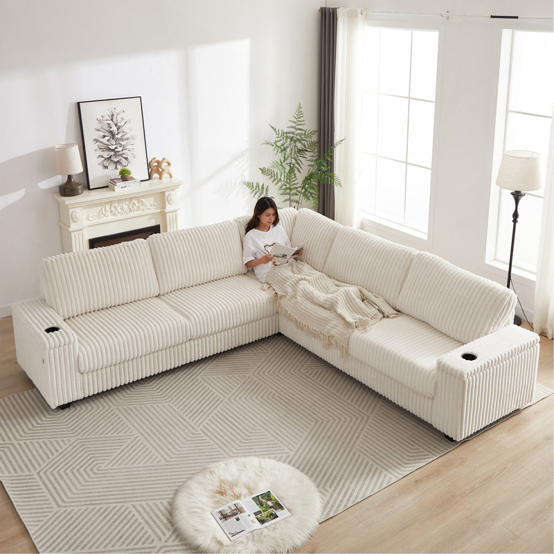 110-Inch Oversized Corduroy Corner Sofa, Beige