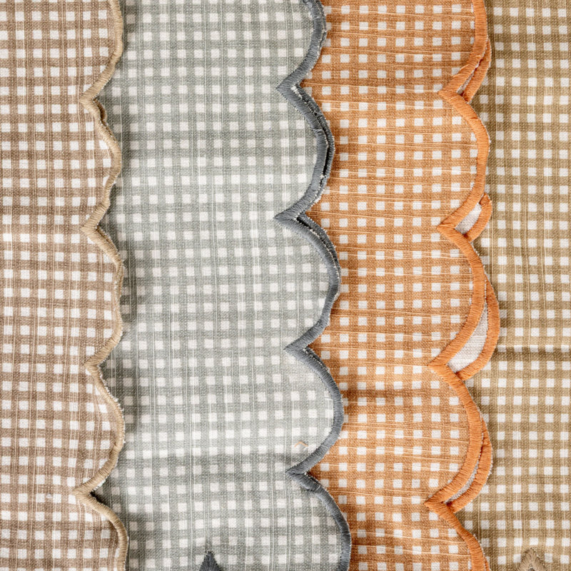 4-Piece Cotton Printed Scalloped Napkin Set With Check Pattern, Multicolor