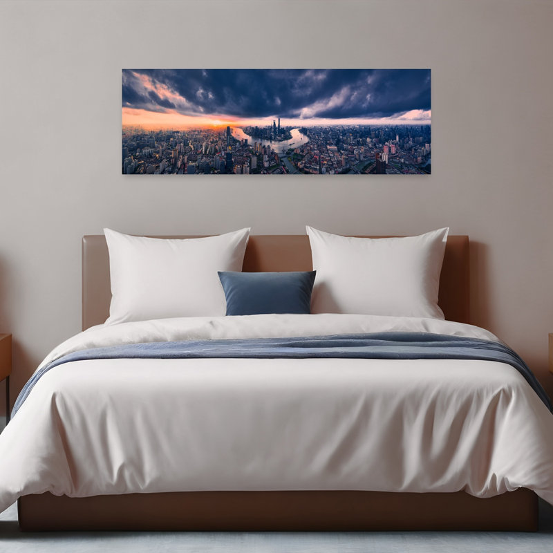 «Dramatic City Sunset Panorama», art abstrait moderne, art mural de la ville, H 48 po x l 16 po