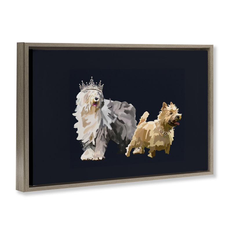«Dog Duo with Crowns», toile flottante encadrée brune par Amelia Noyes, Cadre flottant orme Montalcino, H 21 po x l 31 po