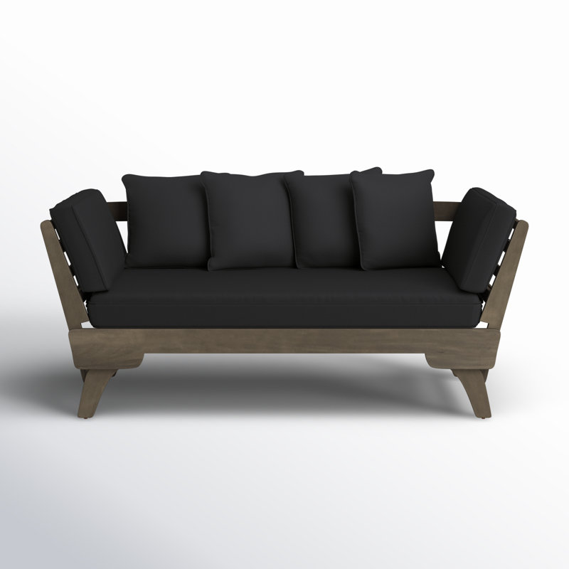 Lauire 65'' Wide Straight Acacia Patio Daybed with Cushions, Black Cushion/Gray Frame