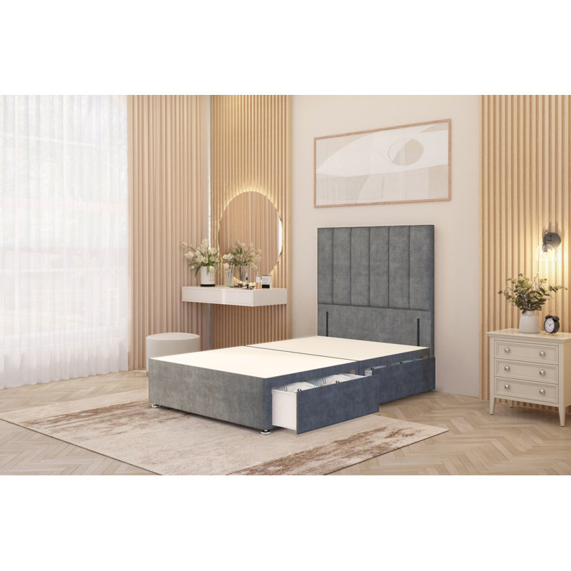 Asterin Divan Bed Base with 54" Floor Standing Headboard Plush Velvet, Kingsize (5'), Grey, 2 Drawers