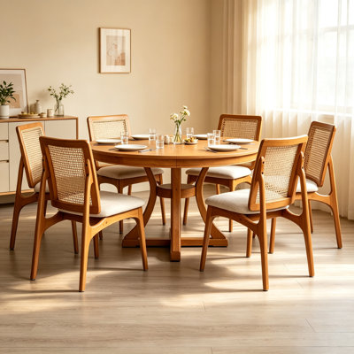 Havenwood 7-Piece Round Extendable Solid Wood Dining Table Set for 6 with Rattan Chairs