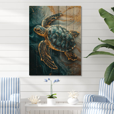Abstract Marble Of The Turtle S Voyage - Turtle Animal Wood Wall Art - On Natural Pine Wood