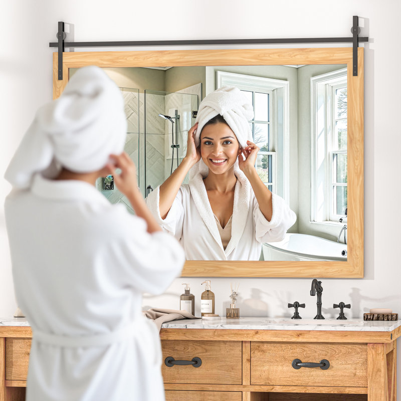 Modern Solid Wood Farmhouse Accent Mirror - Rustic Rectangle Decorative Mirror for Bathroom, Living Room, Entryway & Bedroom