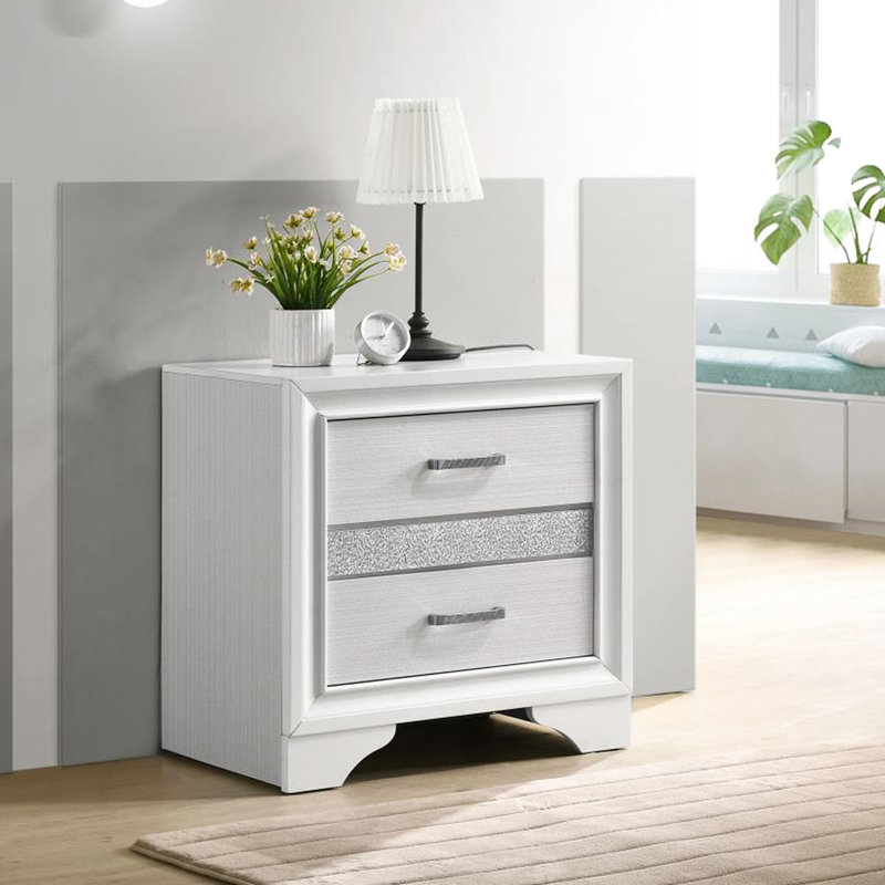 Table de chevet blanche pour chambre à coucher avec 2 tiroirs - poignées en strass, rayures scintillantes Allure 2 po Grace