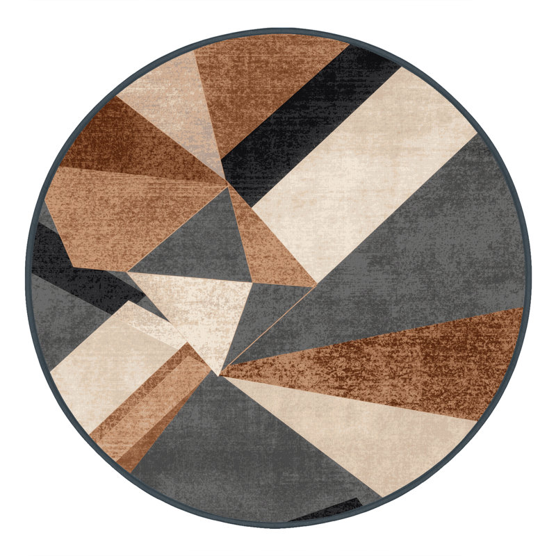 Tapis géométrique moderne lavable à la machine en brun - reliure noire, Rond 8 pi
