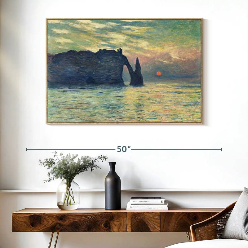 Coucher de soleil sur la falaise d'Etretat, Cadre flottant en bois naturel, 40 po x 27 po