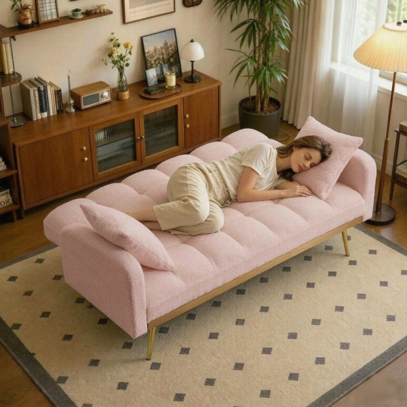 Rinor 69" Convertible Reclining Sofa Bed with Teddy Fleece Upholstery, 3-Position Adjustable Backrest and Metal Legs
