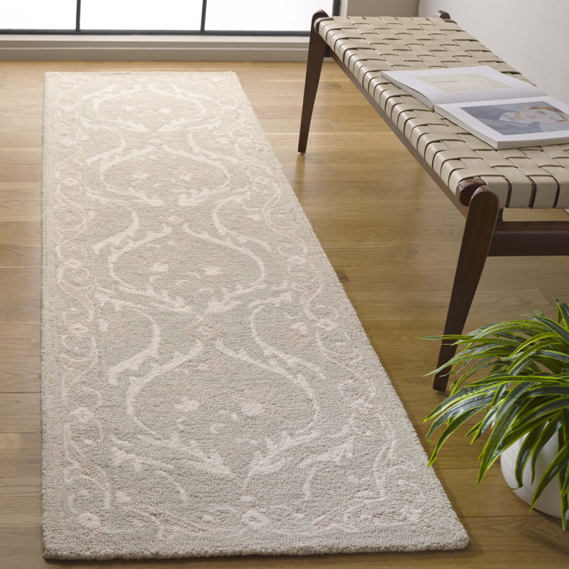 Tapis damassé en laine / coton gris clair / ivoire Angeletta, Tapis de couloir 2 pi 3 po x 8 pi