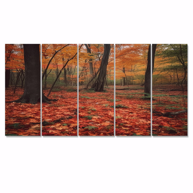 Feuilles d'automne dans la forêt d'érable - décoration murale arbre séquoia 5 pièces, H 28 po x l 60 po
