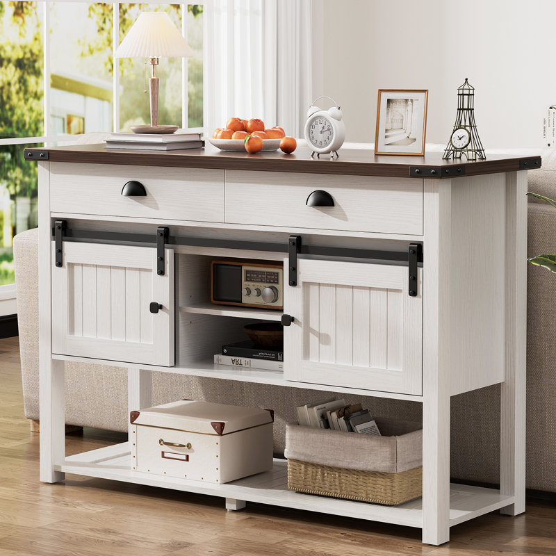 Farmhouse Console Table With Sliding Barn Doors & 2 Drawers,Rustic Entryway Table For Living Room, Hallway, Foyer,Sofa Table With Adjustable Shelf & Open Storage, Industrial Design
