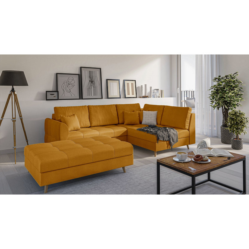 Corner Sofa And Footstool with Wooden Legs In Scandinavian Style Knutsford, Right Hand Facing, Yellow